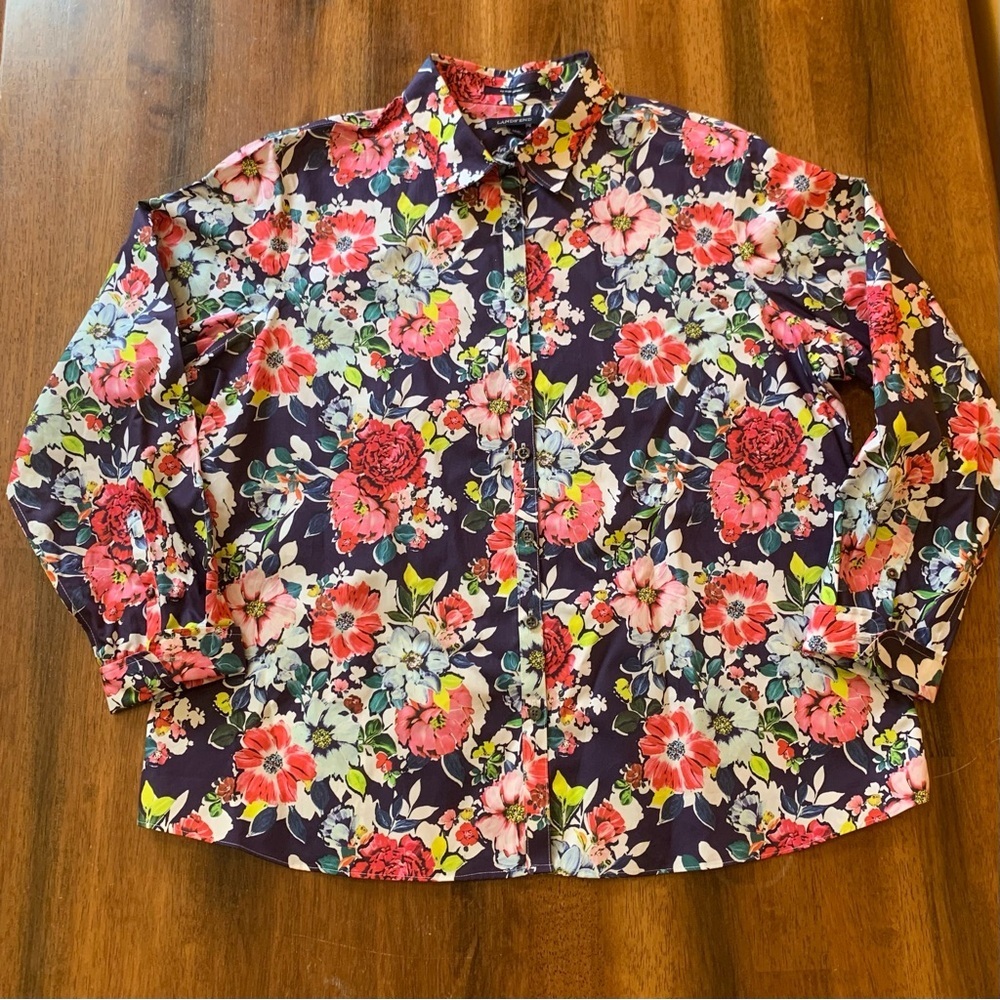 Lands' End 16 Petite Floral Red,Pink Navy Button Down Shirt Casual Colorful